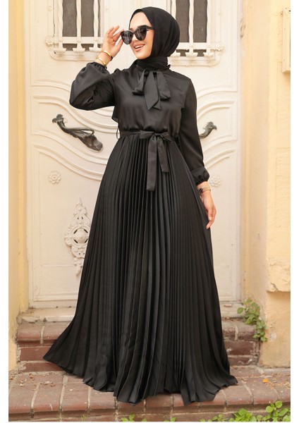 Pliseli Siyah Tesettür Abiye Elbise 3031S