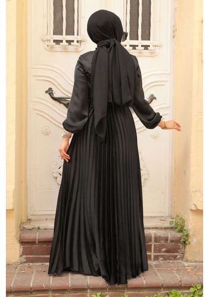 Pliseli Siyah Tesettür Abiye Elbise 3031S modelleri