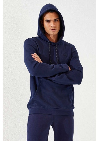 İndigo Kanguru Cep Standart Kalıp Kapüşonlu Erkek Sweatshirt - 87872