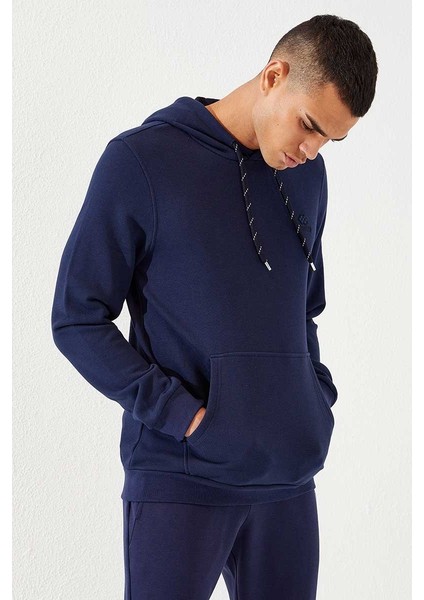 İndigo Kanguru Cep Standart Kalıp Kapüşonlu Erkek Sweatshirt - 87872 fiyatları