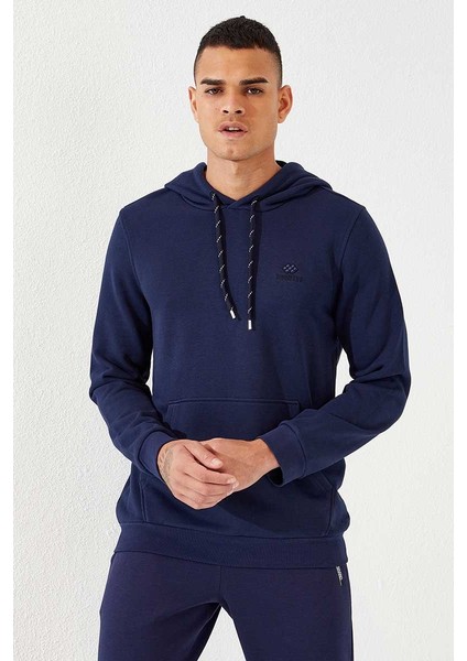 İndigo Kanguru Cep Standart Kalıp Kapüşonlu Erkek Sweatshirt - 87872 modelleri