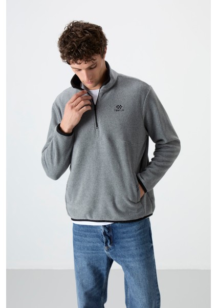 Gri Melanj Yarım Fermuarlı Sweatshirt Slim Fit Dik Yaka Erkek Polar - 87891 modelleri