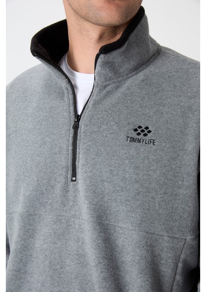 Gri Melanj Yarım Fermuarlı Sweatshirt Slim Fit Dik Yaka Erkek Polar - 87891 fırsatları