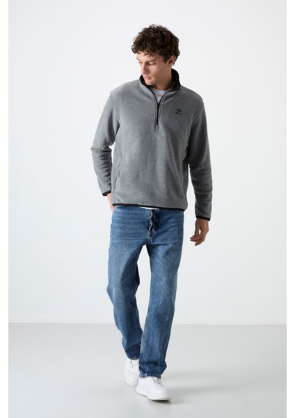 Gri Melanj Yarım Fermuarlı Sweatshirt Slim Fit Dik Yaka Erkek Polar - 87891 indirimleri