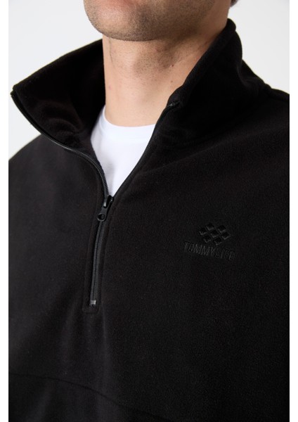 Siyah Yarım Fermuarlı Sweatshirt Slim Fit Dik Yaka Erkek Polar - 87891 modelleri