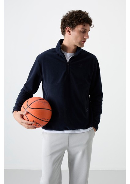 Lacivert Yarım Fermuarlı Sweatshirt Slim Fit Dik Yaka Erkek Polar - 87891
