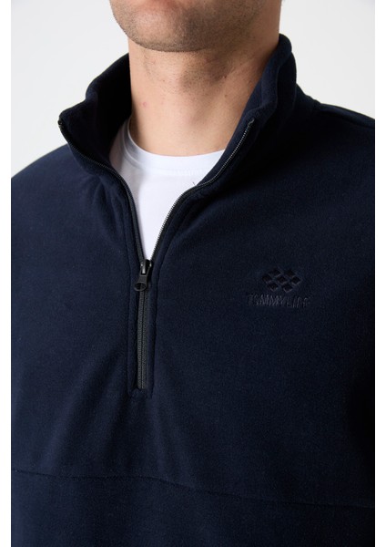 Lacivert Yarım Fermuarlı Sweatshirt Slim Fit Dik Yaka Erkek Polar - 87891 fırsatları