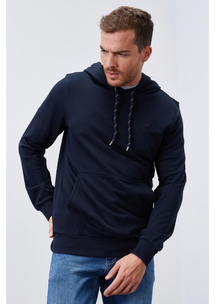 Lacivert Kanguru Cep Standart Kalıp Kapüşonlu Erkek Sweatshirt - 87872 modelleri