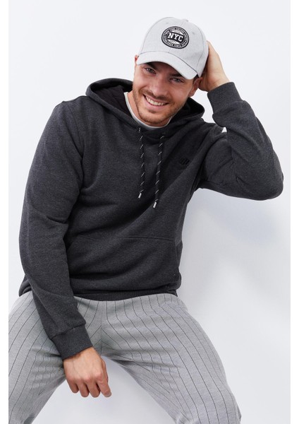 Antrasit Melanj Kanguru Cep Standart Kalıp Kapüşonlu Erkek Sweatshirt - 87872