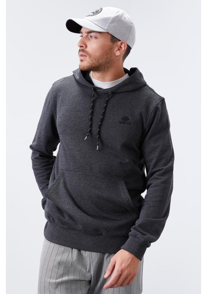 Antrasit Melanj Kanguru Cep Standart Kalıp Kapüşonlu Erkek Sweatshirt - 87872 modelleri