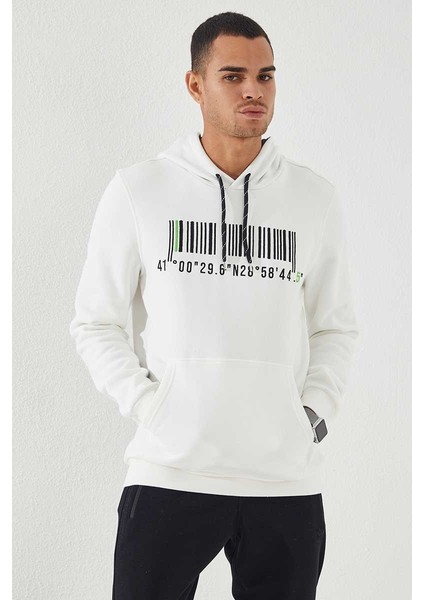 Ekru Nakışlı Kanguru Cep Standart Kalıp Kapüşonlu Erkek Sweatshirt - 87839