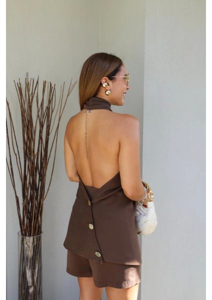 Kahverengi Boyun Çapraz Detay Bluz