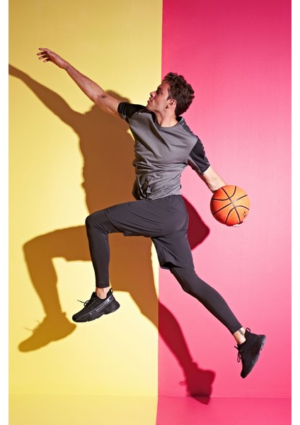 Siyah Logo Baskılı Yüksek Bel Slim Fit Aktif Spor Erkek Tayt - 84989