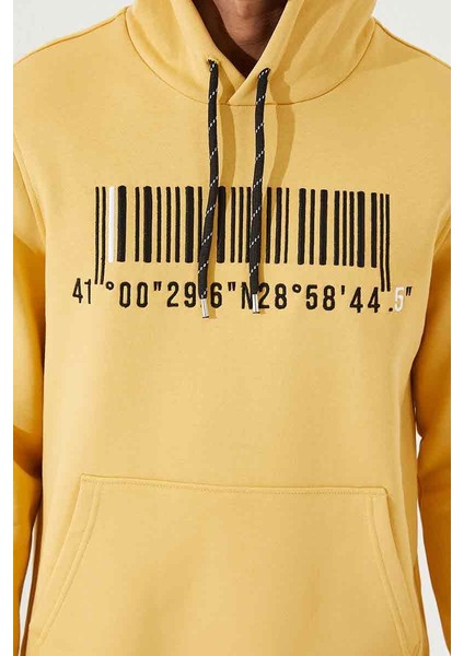 Hardal Nakışlı Kanguru Cep Standart Kalıp Kapüşonlu Erkek Sweatshirt - 87839 fırsatları