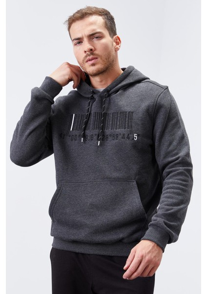 Antrasit Melanj Nakışlı Kanguru Cep Standart Kalıp Kapüşonlu Erkek Sweatshirt - 87839
