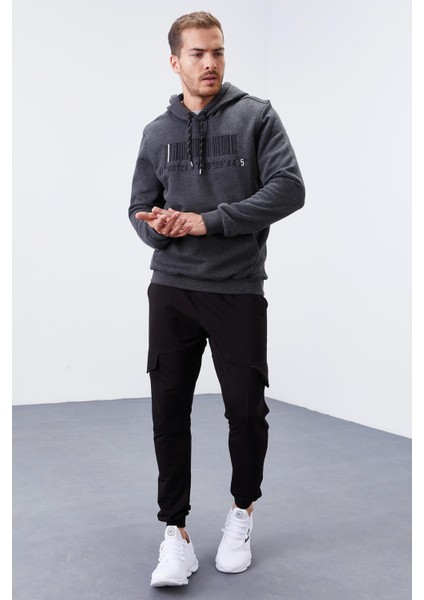 Antrasit Melanj Nakışlı Kanguru Cep Standart Kalıp Kapüşonlu Erkek Sweatshirt - 87839 fırsatları