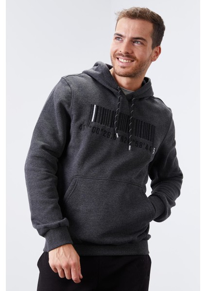 Antrasit Melanj Nakışlı Kanguru Cep Standart Kalıp Kapüşonlu Erkek Sweatshirt - 87839 indirimleri