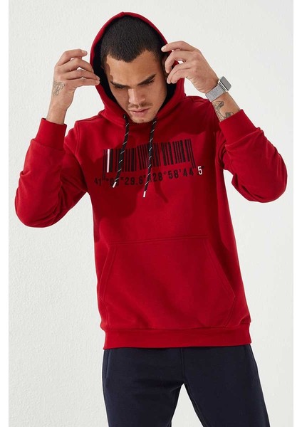 Kırmızı Nakışlı Kanguru Cep Standart Kalıp Kapüşonlu Erkek Sweatshirt - 87839