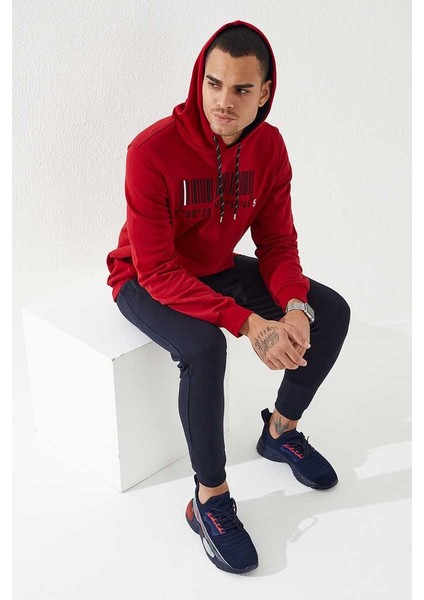 Kırmızı Nakışlı Kanguru Cep Standart Kalıp Kapüşonlu Erkek Sweatshirt - 87839 fiyatları