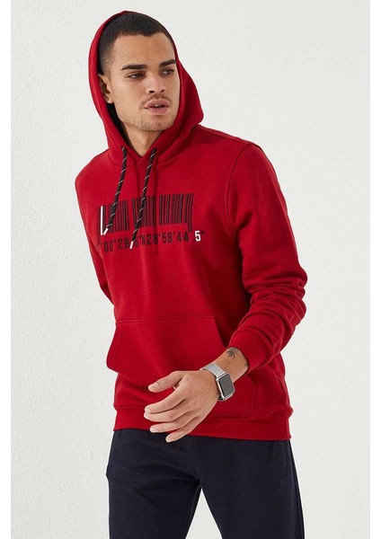 Kırmızı Nakışlı Kanguru Cep Standart Kalıp Kapüşonlu Erkek Sweatshirt - 87839 indirimleri