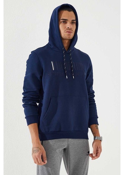 İndigo Nakışlı Kanguru Cep Standart Kalıp Kapüşonlu Erkek Sweatshirt - 87839