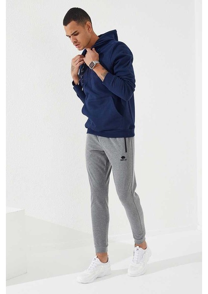 İndigo Nakışlı Kanguru Cep Standart Kalıp Kapüşonlu Erkek Sweatshirt - 87839 fiyatları