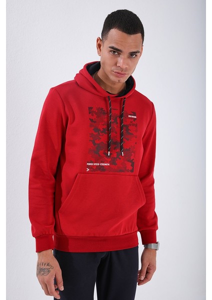 Kırmızı Kamuflaj Desen Baskılı Standart Kalıp Kapüşonlu Erkek Sweatshirt - 87884