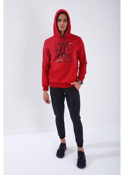 Kırmızı Kamuflaj Desen Baskılı Standart Kalıp Kapüşonlu Erkek Sweatshirt - 87884 fiyatları