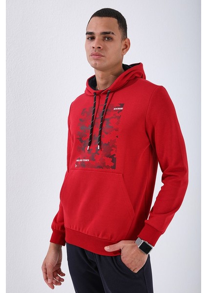Kırmızı Kamuflaj Desen Baskılı Standart Kalıp Kapüşonlu Erkek Sweatshirt - 87884 modelleri