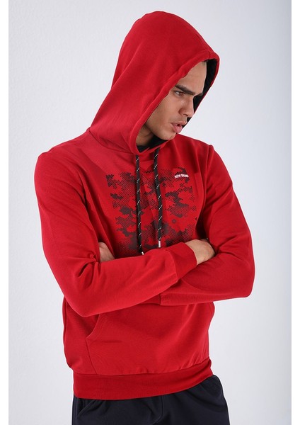 Kırmızı Kamuflaj Desen Baskılı Standart Kalıp Kapüşonlu Erkek Sweatshirt - 87884 fırsatları
