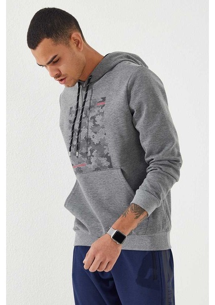 Gri Melanj Kamuflaj Desen Baskılı Standart Kalıp Kapüşonlu Erkek Sweatshirt - 87884 modelleri