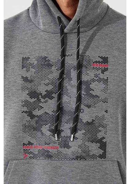 Gri Melanj Kamuflaj Desen Baskılı Standart Kalıp Kapüşonlu Erkek Sweatshirt - 87884 fırsatları