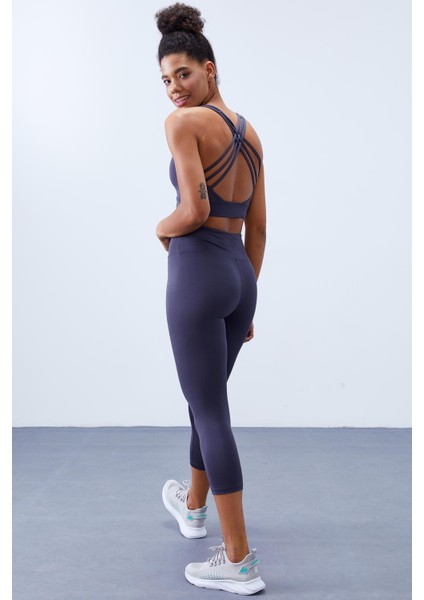 Antrasit Yüksek Bel Toparlayıcı Çapraz Sırt Detaylı Slim Fit Kadın Tayt Takım - 95283