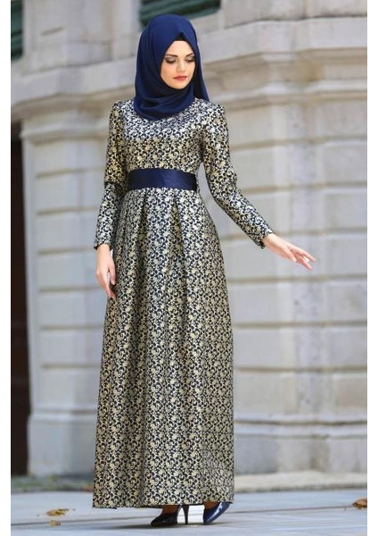 Jakarlı Lacivert Tesettür Abiye Elbise 24415L