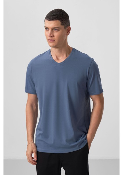 Petrol Basic Kısa Kol Standart Kalıp V Yaka Erkek T-Shirt - 87912 fırsatları