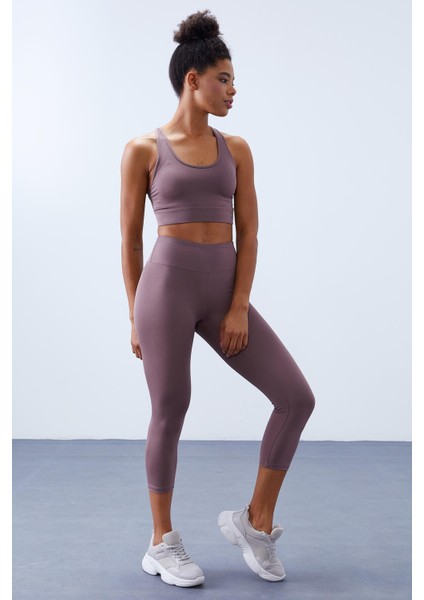 Gül Kurusu Yüksek Bel Toparlayıcı Çapraz Sırt Detaylı Slim Fit Kadın Tayt Takım - 95283