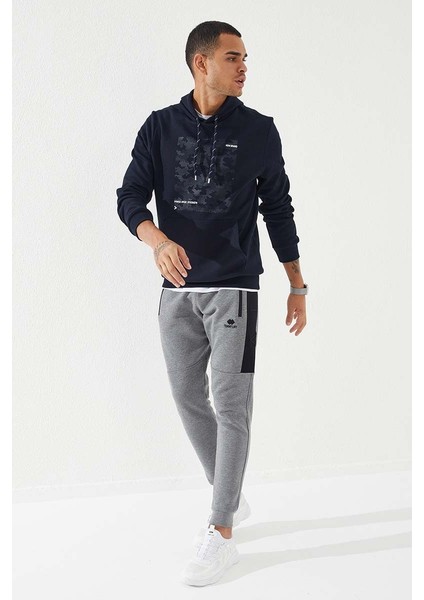 Lacivert Kamuflaj Desen Baskılı Standart Kalıp Kapüşonlu Erkek Sweatshirt - 87884 modelleri