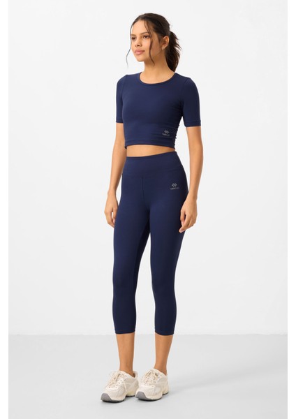 İndigo Yüksek Bel Kapri-Crop T-Shirt Slim Fit Kadın Tayt Takım - 95285