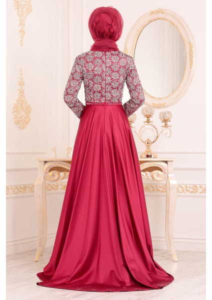 Dantel Detaylı Kırmızı Tesettür Abiye Elbise 1937K modelleri