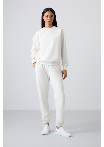 Ekru O Yaka Oversize Lastik Paça Kadın Eşofman Takım - 95287