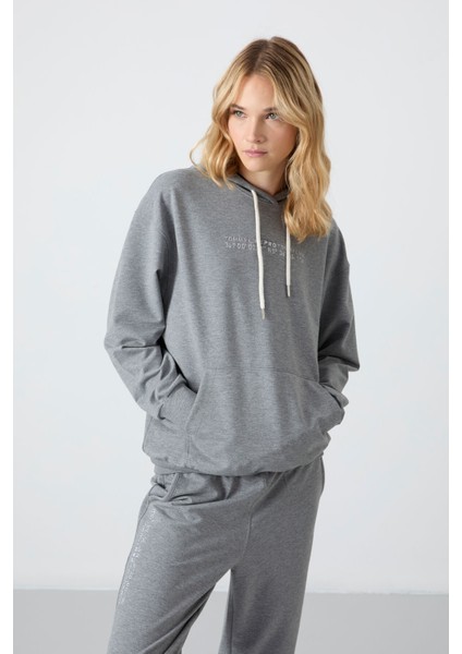 Gri Melanj Kapüşonlu Kanguru Cep Oversize Lastik Paça Kadın Eşofman Takımı - 95288 indirimleri