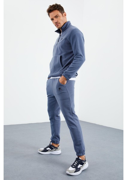 Petrol Yarım Fermuar Dik Yaka Lastik Paça Polar Erkek Eşofman Takımı - 85159