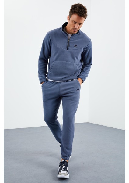 Petrol Yarım Fermuar Dik Yaka Lastik Paça Polar Erkek Eşofman Takımı - 85159 fırsatları