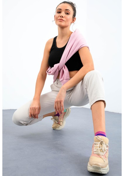 Siyah Basic Sıfır Kol Dar Kalıp U Yaka Kadın Crop Top Atlet - 97162 fiyatları