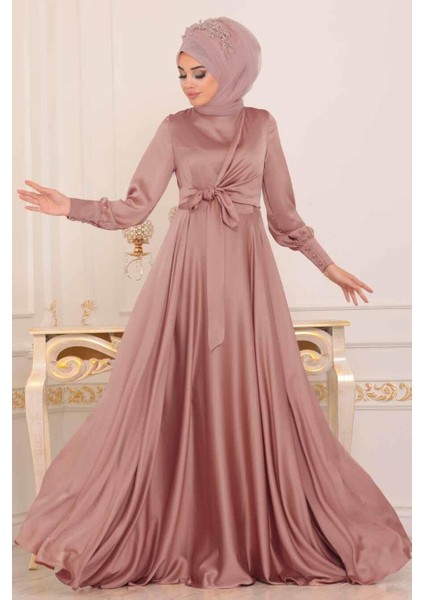 Tesettürlü Abiye Elbise - Krep Saten Pudra Tesettür Abiye Elbise 1420PD