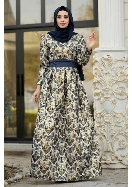- Desenli Lacivert Jakarlı Tesettür Abiye Elbise 82454L