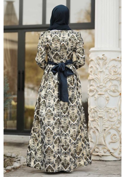 - Desenli Lacivert Jakarlı Tesettür Abiye Elbise 82454L fiyatları