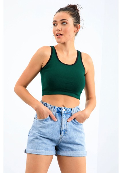 Yeşil Basic Sıfır Kol Dar Kalıp U Yaka Kadın Crop Top Atlet - 97162