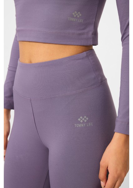 Eflatun Yüksek Bel Uzun Kollu Slim Fit Crop Top Kadın Tayt Takım - 95286 fiyatları