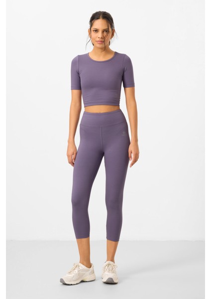 Eflatun Yüksek Bel Kapri-Crop T-Shirt Slim Fit Kadın Tayt Takım - 95285